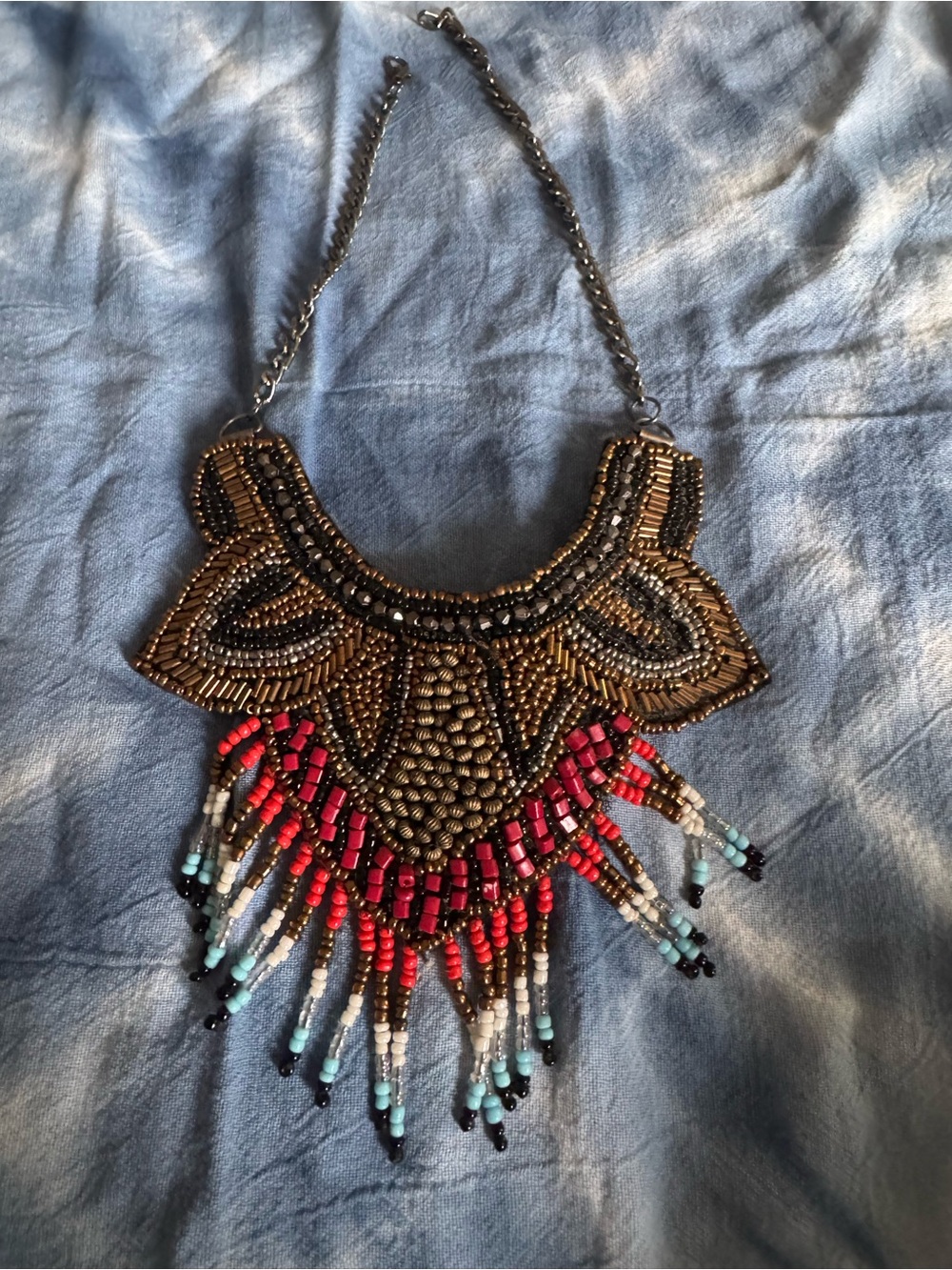 Boho Beaded Fringe Statement Necklace - Gold, Red & Turquoise